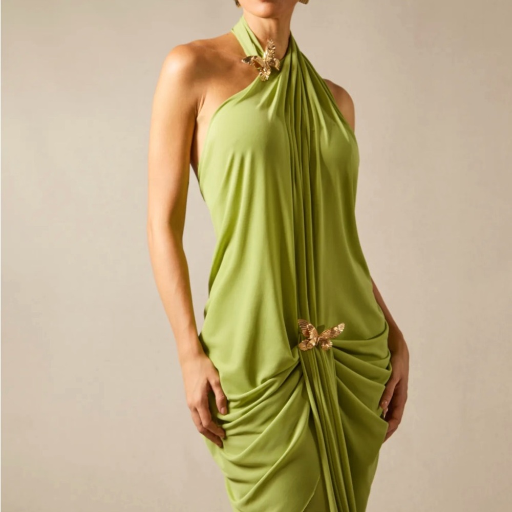 Asymmetrical One-Shoulder Draped Maxi Dress in Lime Green - Picture 3 of 7